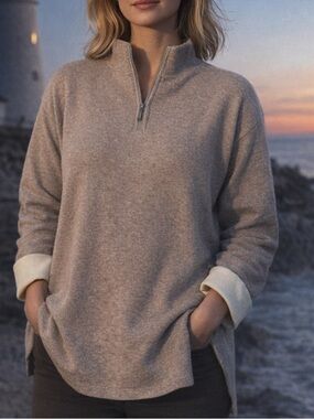 Tahari Taupe Half-Zip Sweater with Cream Cuff Detail